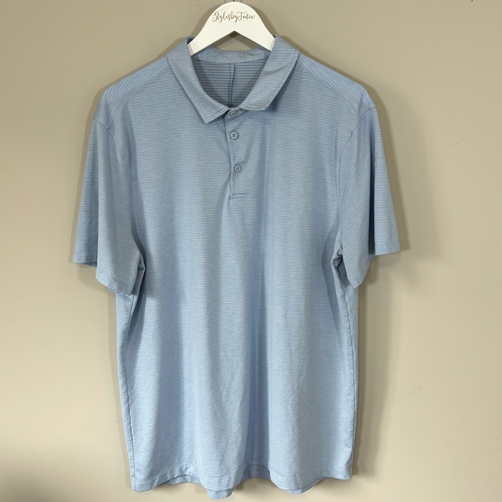 Lululemon Mens Evolution Short Sleeve Polo Shirt Pique Heathered Blue Linen